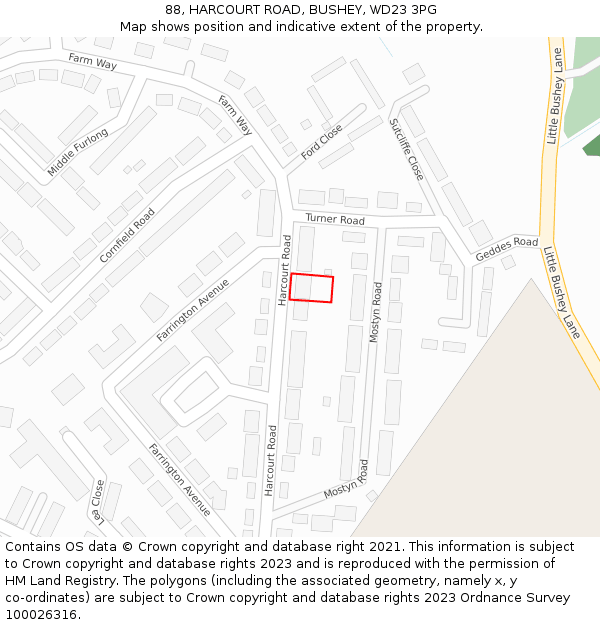 88, HARCOURT ROAD, BUSHEY, WD23 3PG: Location map and indicative extent of plot