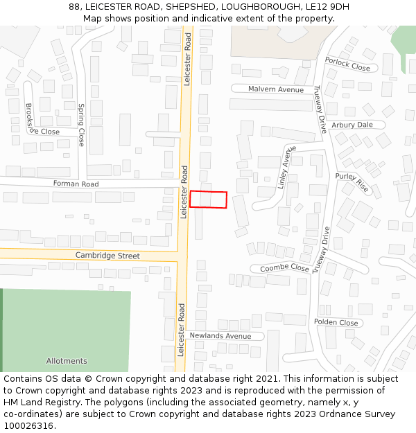 88, LEICESTER ROAD, SHEPSHED, LOUGHBOROUGH, LE12 9DH: Location map and indicative extent of plot