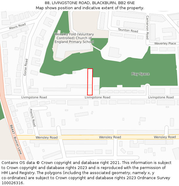 88, LIVINGSTONE ROAD, BLACKBURN, BB2 6NE: Location map and indicative extent of plot