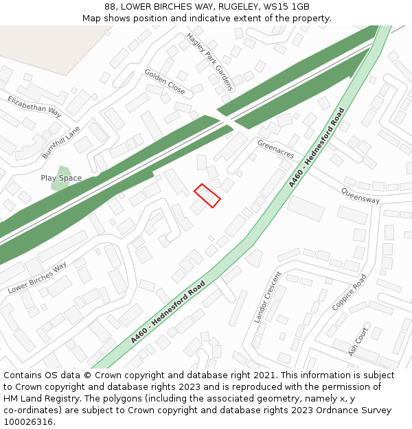 88, LOWER BIRCHES WAY, RUGELEY, WS15 1GB: Location map and indicative extent of plot