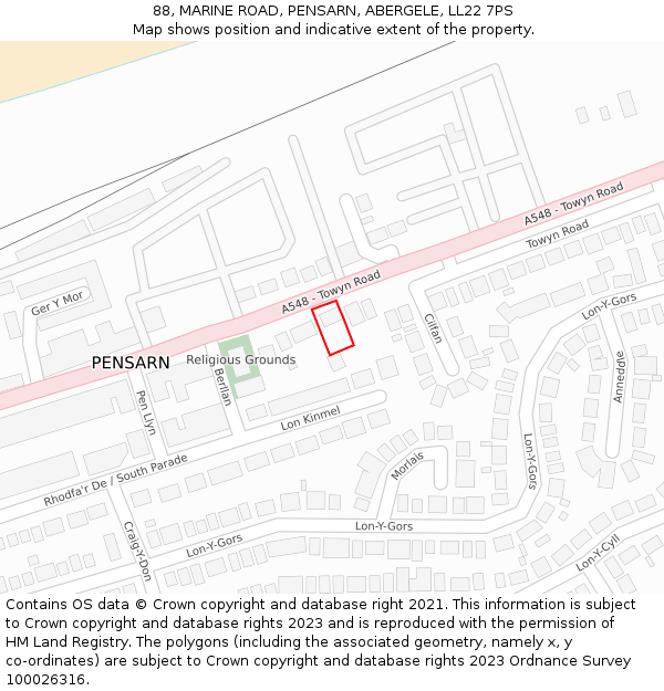 88, MARINE ROAD, PENSARN, ABERGELE, LL22 7PS: Location map and indicative extent of plot