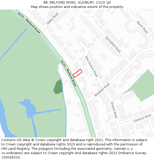 88, MELFORD ROAD, SUDBURY, CO10 1JX: Location map and indicative extent of plot
