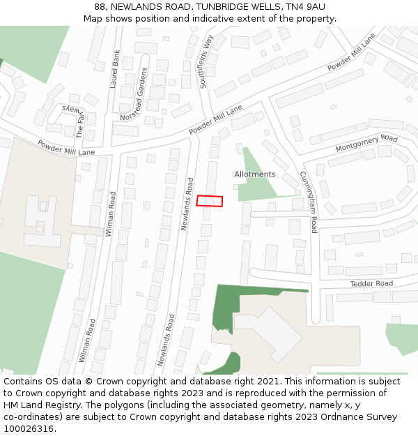88, NEWLANDS ROAD, TUNBRIDGE WELLS, TN4 9AU: Location map and indicative extent of plot