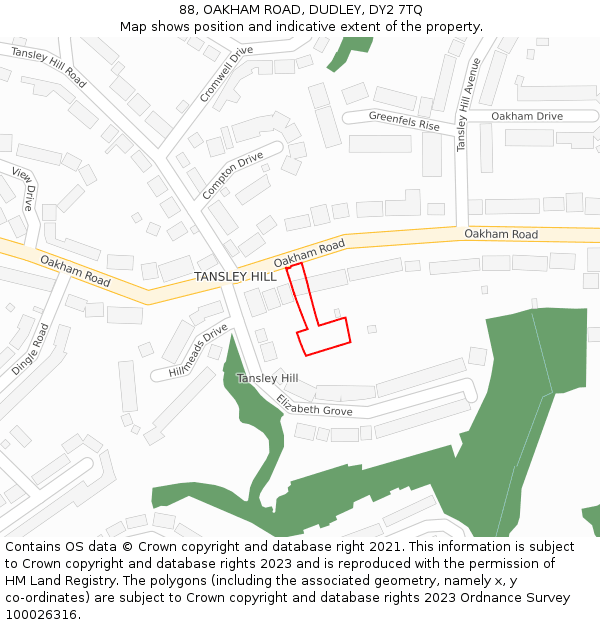 88, OAKHAM ROAD, DUDLEY, DY2 7TQ: Location map and indicative extent of plot