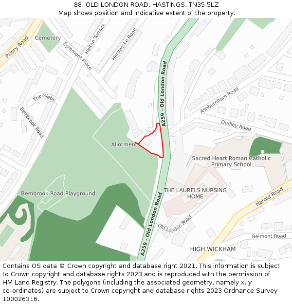 88, OLD LONDON ROAD, HASTINGS, TN35 5LZ: Location map and indicative extent of plot