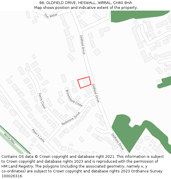88, OLDFIELD DRIVE, HESWALL, WIRRAL, CH60 9HA: Location map and indicative extent of plot