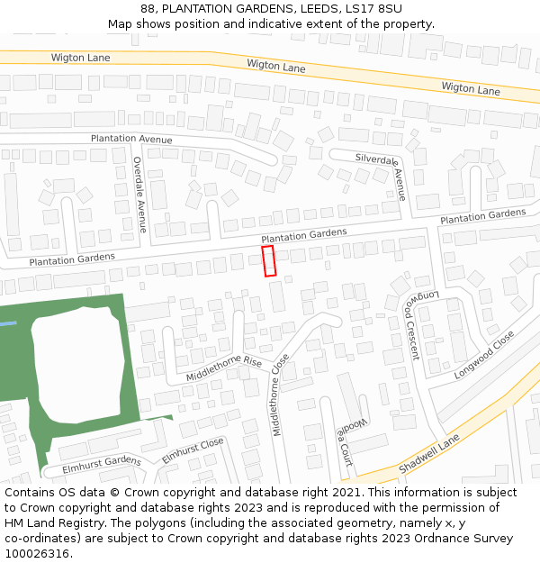 88, PLANTATION GARDENS, LEEDS, LS17 8SU: Location map and indicative extent of plot