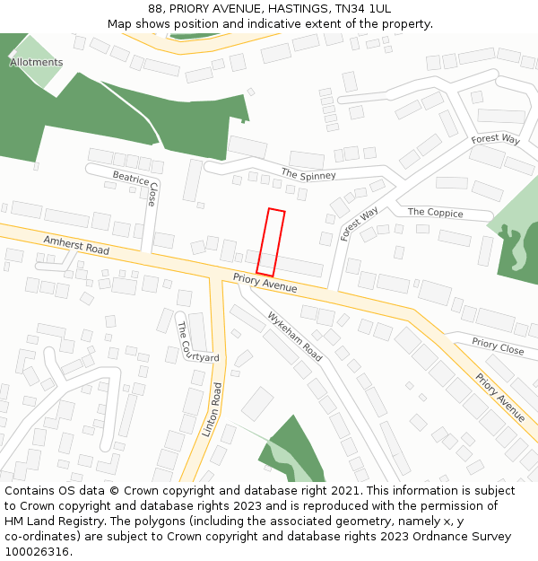 88, PRIORY AVENUE, HASTINGS, TN34 1UL: Location map and indicative extent of plot