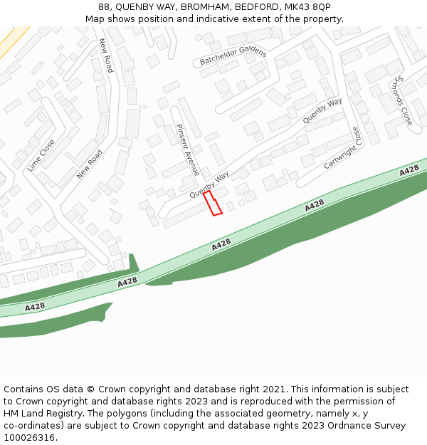 88, QUENBY WAY, BROMHAM, BEDFORD, MK43 8QP: Location map and indicative extent of plot