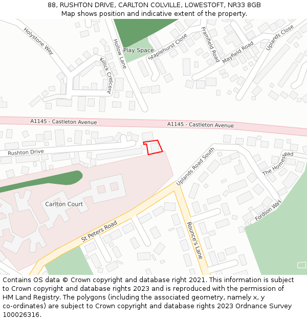 88, RUSHTON DRIVE, CARLTON COLVILLE, LOWESTOFT, NR33 8GB: Location map and indicative extent of plot