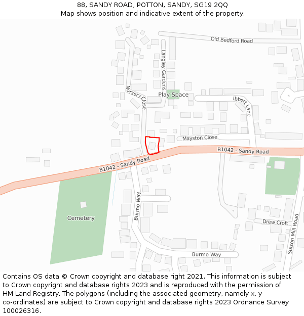 88, SANDY ROAD, POTTON, SANDY, SG19 2QQ: Location map and indicative extent of plot