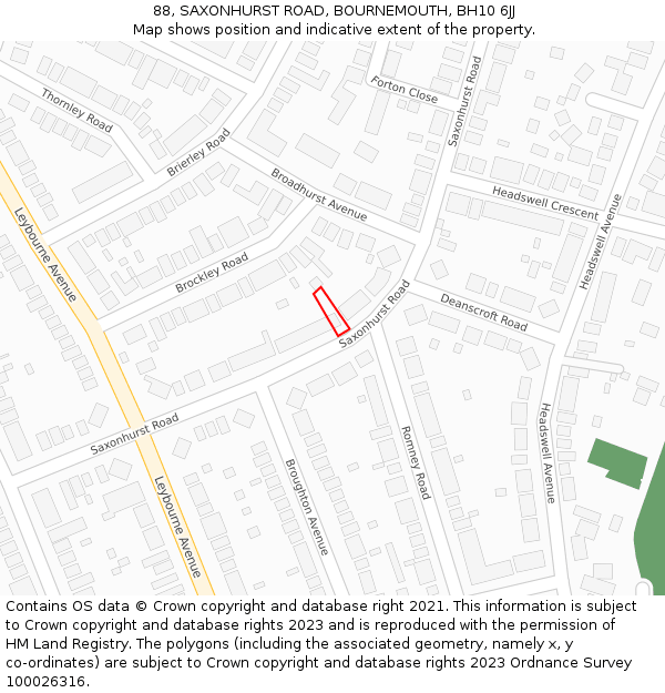 88, SAXONHURST ROAD, BOURNEMOUTH, BH10 6JJ: Location map and indicative extent of plot