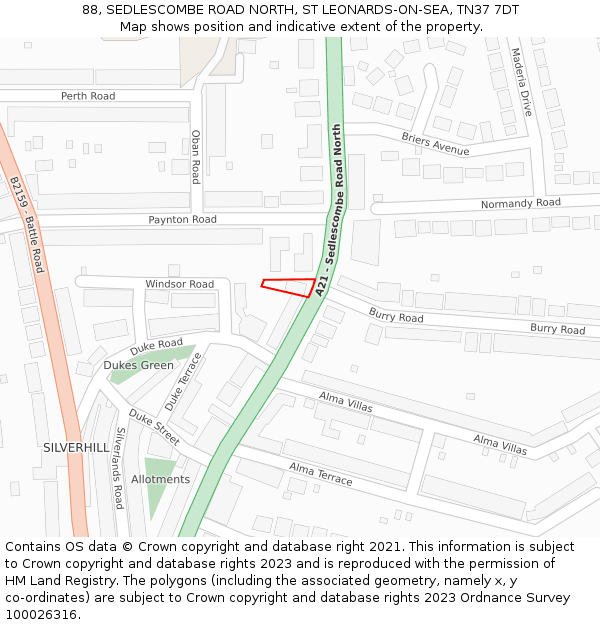 88, SEDLESCOMBE ROAD NORTH, ST LEONARDS-ON-SEA, TN37 7DT: Location map and indicative extent of plot