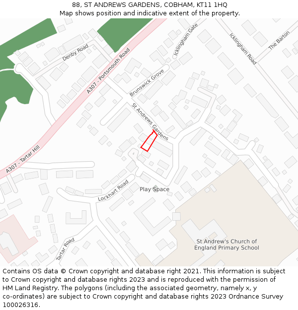 88, ST ANDREWS GARDENS, COBHAM, KT11 1HQ: Location map and indicative extent of plot
