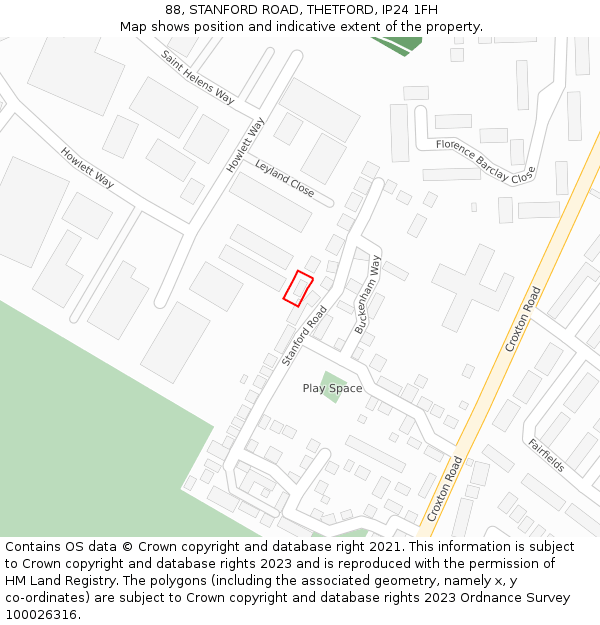 88, STANFORD ROAD, THETFORD, IP24 1FH: Location map and indicative extent of plot