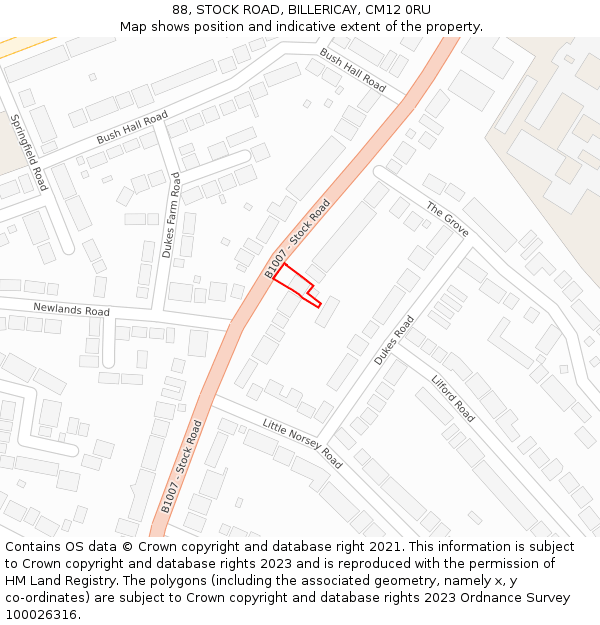 88, STOCK ROAD, BILLERICAY, CM12 0RU: Location map and indicative extent of plot