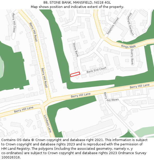 88, STONE BANK, MANSFIELD, NG18 4GL: Location map and indicative extent of plot