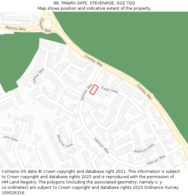 88, TRAJAN GATE, STEVENAGE, SG2 7QQ: Location map and indicative extent of plot