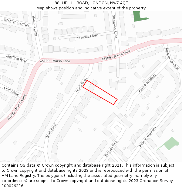 88, UPHILL ROAD, LONDON, NW7 4QE: Location map and indicative extent of plot