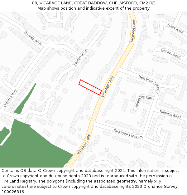 88, VICARAGE LANE, GREAT BADDOW, CHELMSFORD, CM2 8JB: Location map and indicative extent of plot