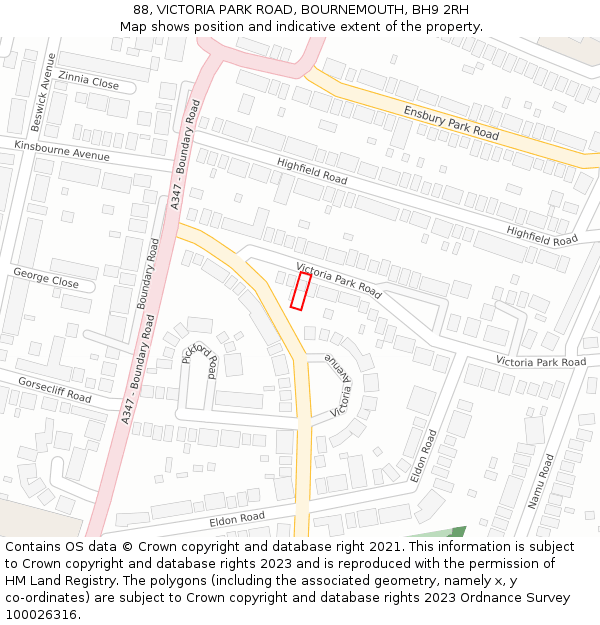 88, VICTORIA PARK ROAD, BOURNEMOUTH, BH9 2RH: Location map and indicative extent of plot
