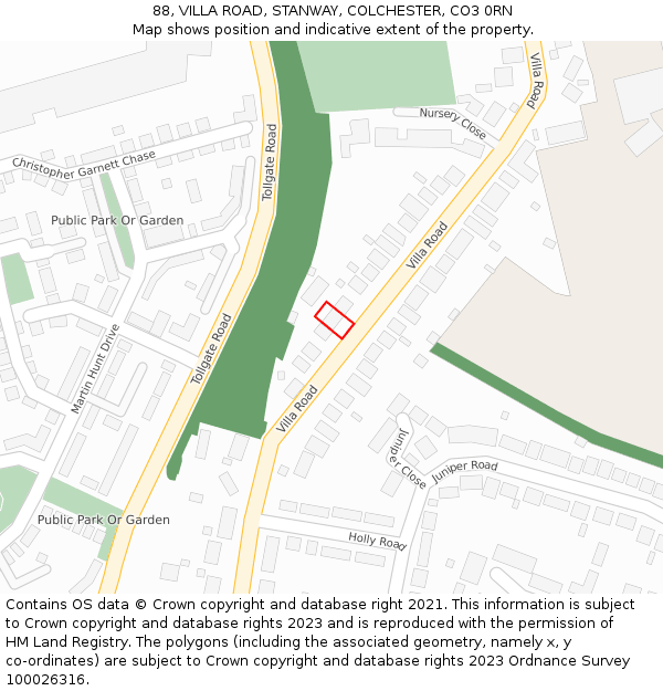 88, VILLA ROAD, STANWAY, COLCHESTER, CO3 0RN: Location map and indicative extent of plot