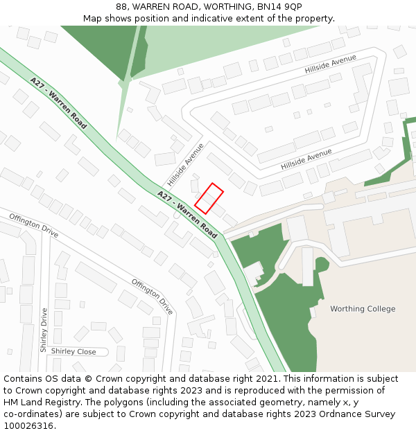 88, WARREN ROAD, WORTHING, BN14 9QP: Location map and indicative extent of plot