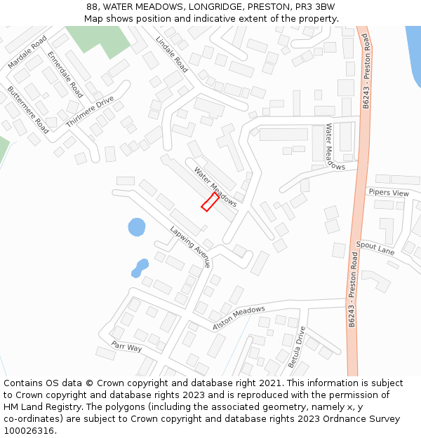 88, WATER MEADOWS, LONGRIDGE, PRESTON, PR3 3BW: Location map and indicative extent of plot