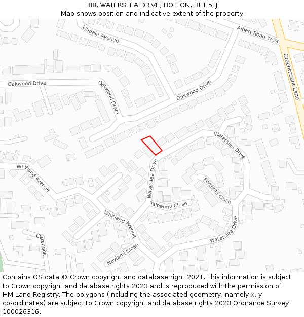 88, WATERSLEA DRIVE, BOLTON, BL1 5FJ: Location map and indicative extent of plot