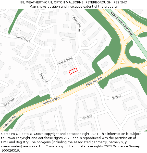 88, WEATHERTHORN, ORTON MALBORNE, PETERBOROUGH, PE2 5ND: Location map and indicative extent of plot