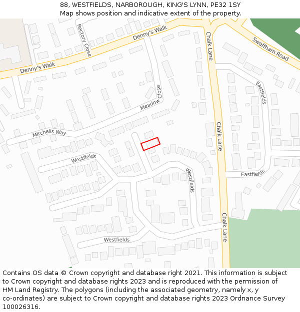 88, WESTFIELDS, NARBOROUGH, KING'S LYNN, PE32 1SY: Location map and indicative extent of plot