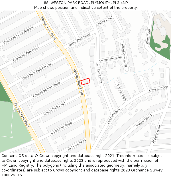 88, WESTON PARK ROAD, PLYMOUTH, PL3 4NP: Location map and indicative extent of plot