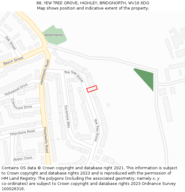 88, YEW TREE GROVE, HIGHLEY, BRIDGNORTH, WV16 6DG: Location map and indicative extent of plot