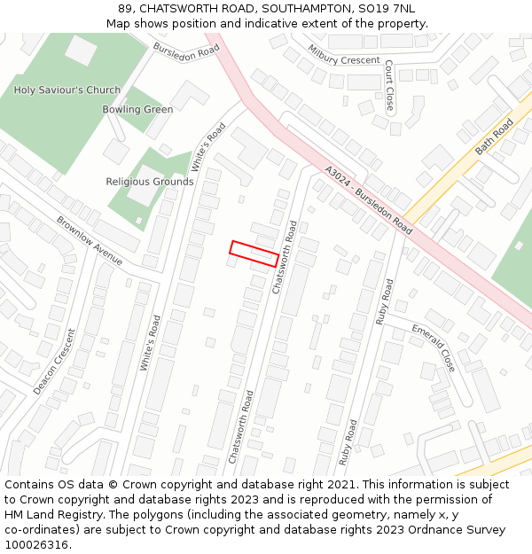89, CHATSWORTH ROAD, SOUTHAMPTON, SO19 7NL: Location map and indicative extent of plot