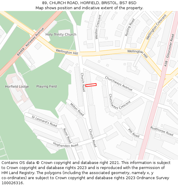 89, CHURCH ROAD, HORFIELD, BRISTOL, BS7 8SD: Location map and indicative extent of plot