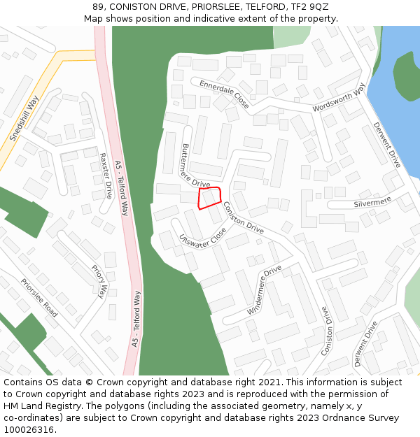 89, CONISTON DRIVE, PRIORSLEE, TELFORD, TF2 9QZ: Location map and indicative extent of plot