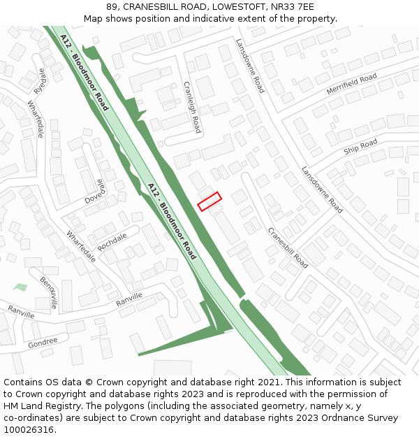 89, CRANESBILL ROAD, LOWESTOFT, NR33 7EE: Location map and indicative extent of plot