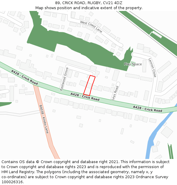 89, CRICK ROAD, RUGBY, CV21 4DZ: Location map and indicative extent of plot