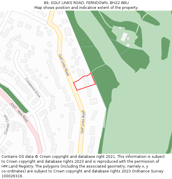 89, GOLF LINKS ROAD, FERNDOWN, BH22 8BU: Location map and indicative extent of plot