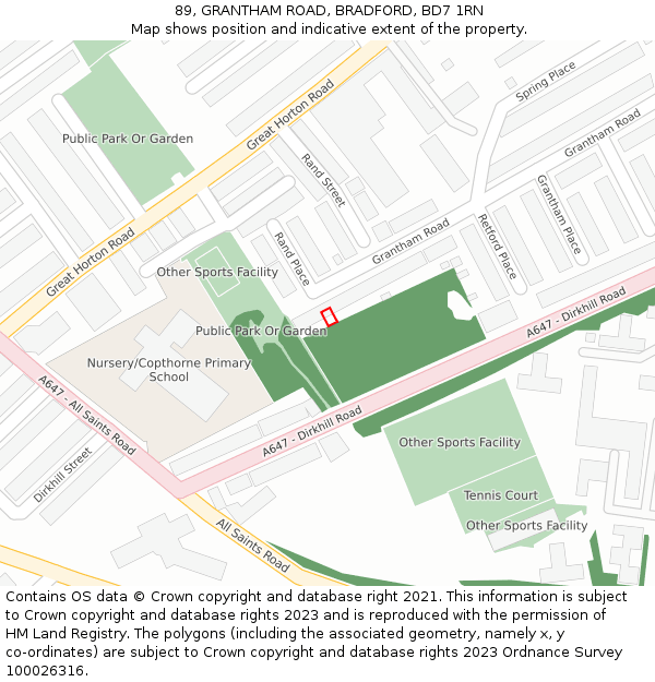 89, GRANTHAM ROAD, BRADFORD, BD7 1RN: Location map and indicative extent of plot