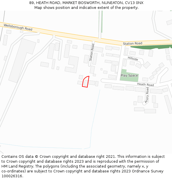 89, HEATH ROAD, MARKET BOSWORTH, NUNEATON, CV13 0NX: Location map and indicative extent of plot