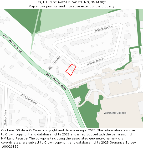 89, HILLSIDE AVENUE, WORTHING, BN14 9QT: Location map and indicative extent of plot