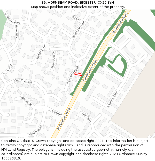 89, HORNBEAM ROAD, BICESTER, OX26 3YH: Location map and indicative extent of plot