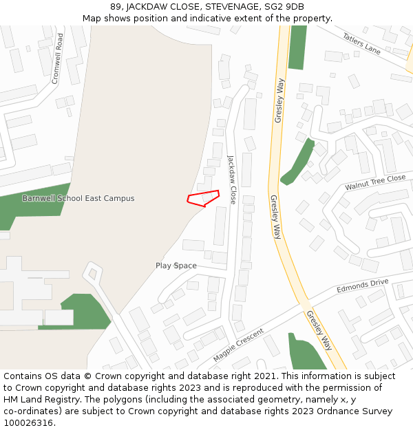 89, JACKDAW CLOSE, STEVENAGE, SG2 9DB: Location map and indicative extent of plot
