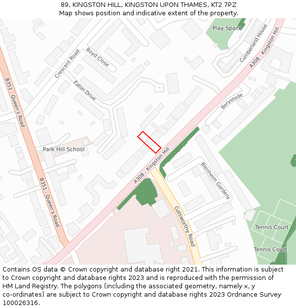 89, KINGSTON HILL, KINGSTON UPON THAMES, KT2 7PZ: Location map and indicative extent of plot