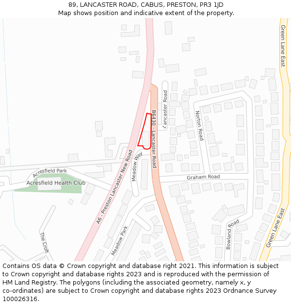 89, LANCASTER ROAD, CABUS, PRESTON, PR3 1JD: Location map and indicative extent of plot
