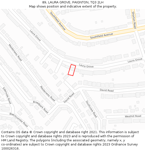 89, LAURA GROVE, PAIGNTON, TQ3 2LH: Location map and indicative extent of plot