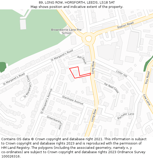 89, LONG ROW, HORSFORTH, LEEDS, LS18 5AT: Location map and indicative extent of plot