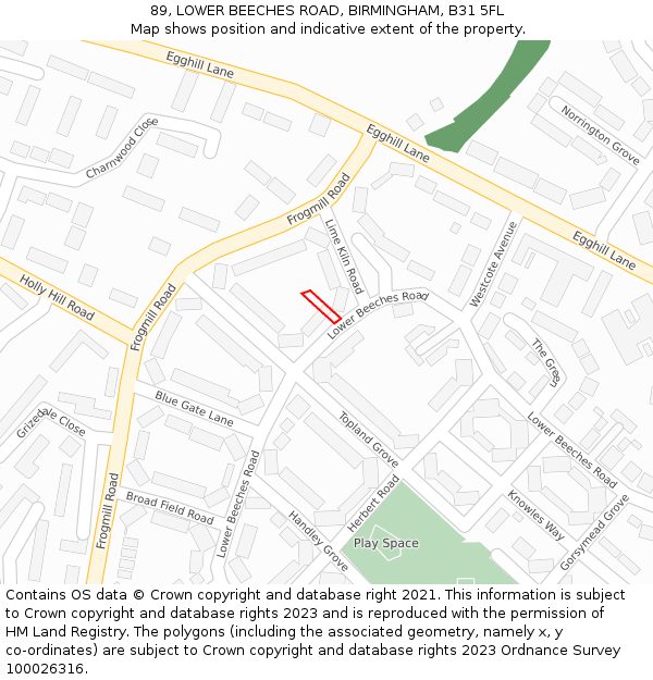 89, LOWER BEECHES ROAD, BIRMINGHAM, B31 5FL: Location map and indicative extent of plot