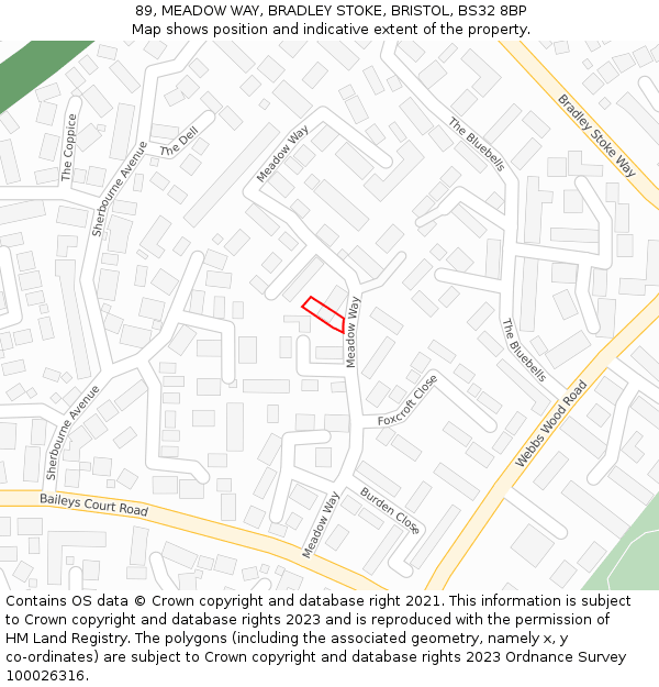 89, MEADOW WAY, BRADLEY STOKE, BRISTOL, BS32 8BP: Location map and indicative extent of plot